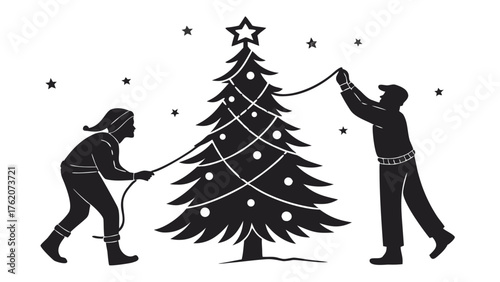 Two People Decorating Christmas Tree Holiday Silhouette, Illustration of two individuals, wearing winter hats, actively decorating a tall Christmas tree adorned with a star and ornaments
