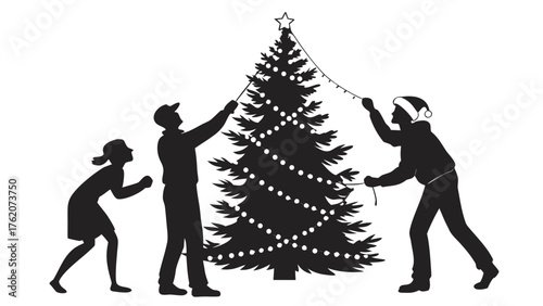 Family Decorating Christmas Tree Holiday Lights Silhouette, Illustration of a family of three (two adults, one child) enthusiastically decorating a large Christmas tree with string lights and a star