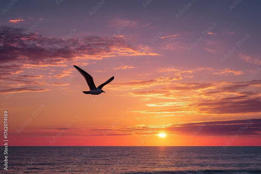 Obraz premium A soaring seagull silhouetted against a vibrant, fiery sunset over the ocean