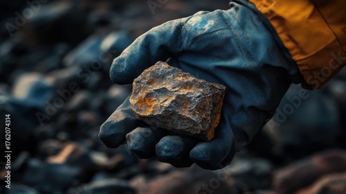 Individual holds a rock with texture and color variation in a natural outdoor setting during daylight