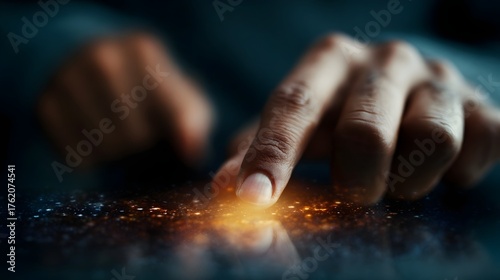 Close up of a fingertip touching a glowing digital interface with light particles sparkling symbolizing technology and interaction