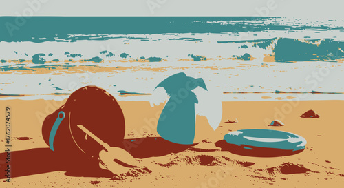 Seaside Fun Artistic Scene Beach Toys Ocean Waves Illustration Style