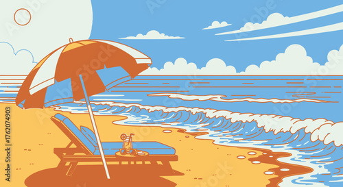 Beach Lounge Scene with Ocean View and Drink Illustration Style