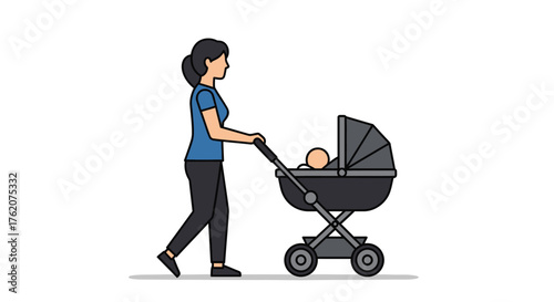 Mother walking with baby in stroller minimal cartoon illustration