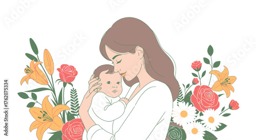 Mother Holding Baby Surrounded by Flowers Mothers Day Concept Art