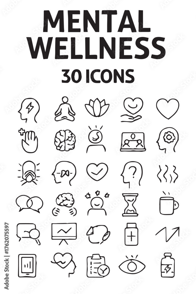 Naklejka premium Mental Wellness Icons – Mindfulness, Therapy, Self Care