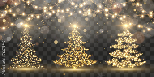 Set of shiny Christmas tree. Golden glowing spruce in a luxurious design. Glittering lights in the form of a Christmas tree with bright shining and glowing particles. Vector on png background.