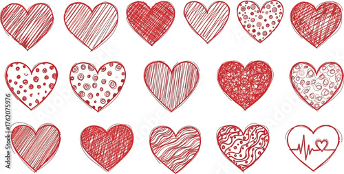 Collection of hand-drawn hearts in various artistic styles celebrating love and romance for valentine's day