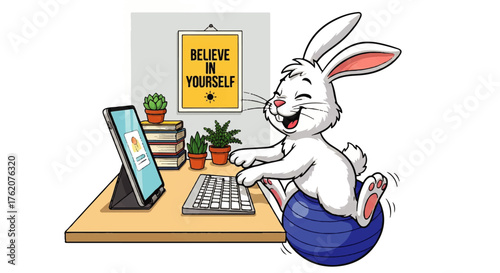 Creative rabbit working from home on a large exercise ball with a tablet, keyboard, and inspiring quote