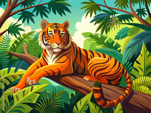 Realistic vector illustration of tiger resting on large tree branch, orange fur with black stripes, tropical leaves, sunlight, detailed wildlife jungle scene