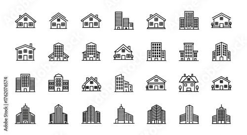 set of icons of buildings. Isolated on white background.