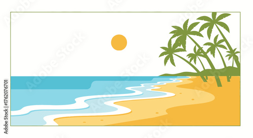 Tropical paradise scene with palm trees sea and sunny sky