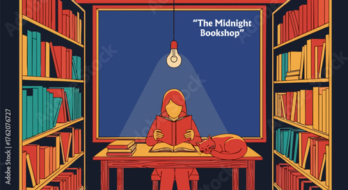 Woman reading at midnight bookshop with cat and warm light in cozy atmosphere