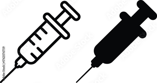 Medical syringe illustration with detailed line work and a dark silhouette.