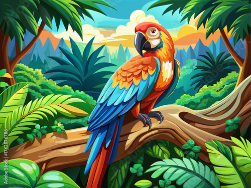 Realistic vector of colorful parrot perched on tree branch, tropical background, sunlight, detailed feathers, green leaves, wildlife nature scene illustration
