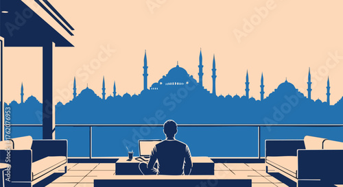 Man overlooking istanbul skyline from a modern balcony with laptop and drink