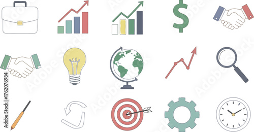 Business and finance icons representing growth ideas and global connections