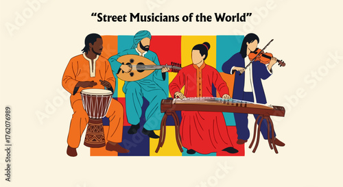 Diverse street musicians performing with traditional instruments from around world