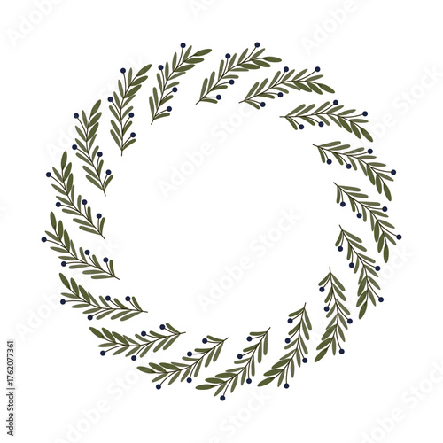 An autumn wreath made of rowan branches. Postcard with christmas wreath winter or Autumn poster with berries and leaves Vector illustration	
