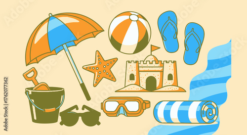 Cartoon Summer Beach Vacation Elements with Umbrella and Sandcastle