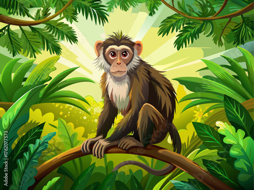 Realistic vector illustration of a monkey sitting on a tree branch, green tropical leaves, sunlight filtering through canopy, detailed fur texture, natural wildlife scene, forest background