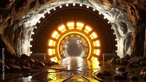 tunnel boring machine futuristic cave portal glowing gateway