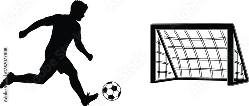 Dynamic soccer player silhouette kicking ball towards goal, perfect for sports, fitness, and team-building designs