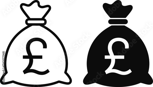 Two money bags with pound symbols simple black and white silhouette.