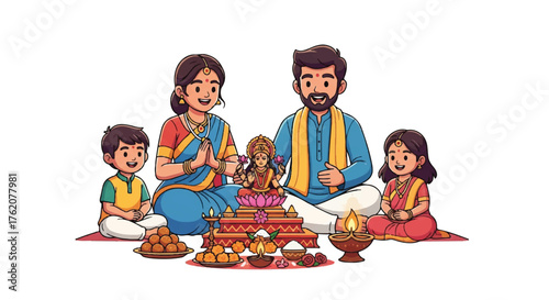 Illustration of a traditional Indian family celebrating International Day of Older Persons with a festive meal and decorations.