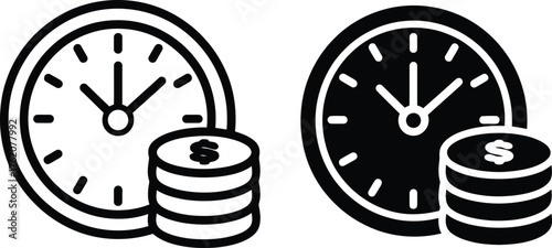 Time and money concept with clocks and coins bold silhouette.