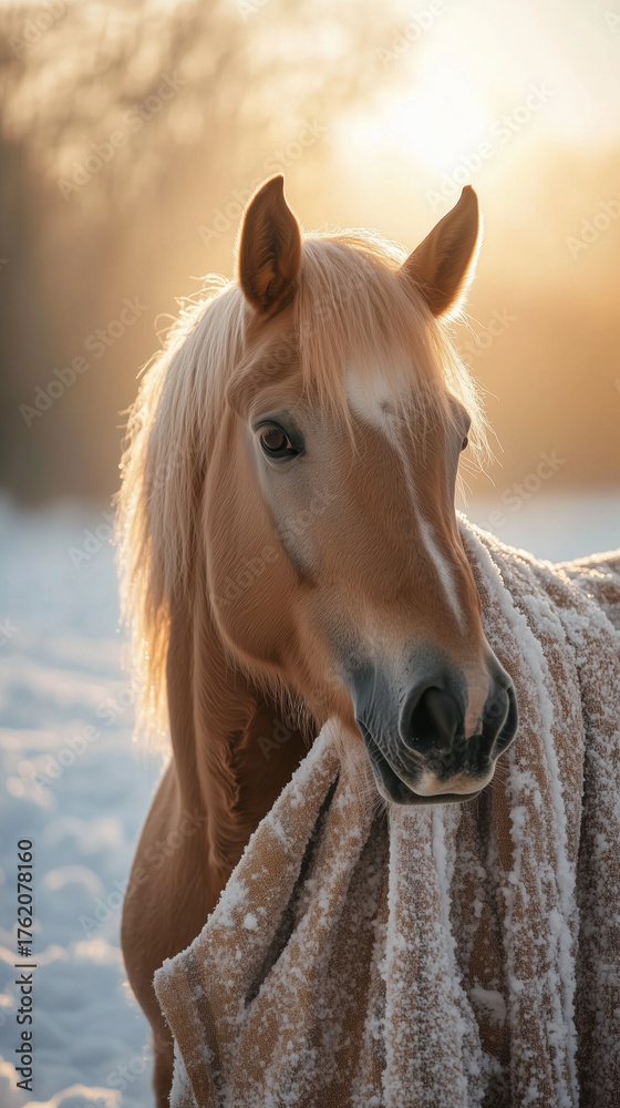 Obraz premium Horse standing outdoors with blanket in snowy winter sunset 