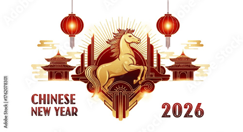Chinese New Year 2026 Celebration with Golden Horse and Traditional Decorations
