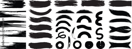  ink brush strokes. Ink splatters, grungy painted lines, waves, circles, triangle. Vector frame art or texture element.