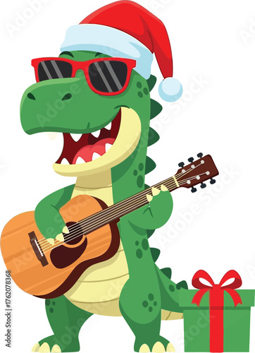 Christmas Dinosaur Playing Guitar | Clean Flat Vector Illustration | Cute Holiday Cartoon Design