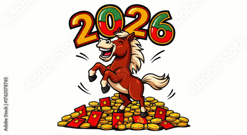 2026 Chinese New Year Golden Horse Illustration with Red Lanterns and Traditional Architecture