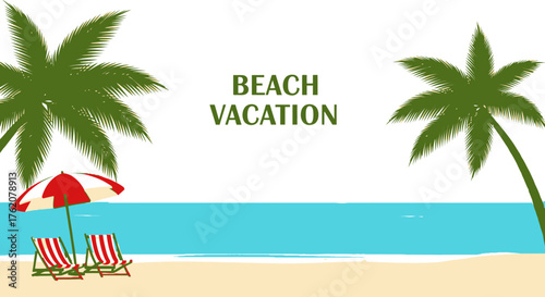 Paradise Seaside Getaway Illustration with Palm Trees and Beach Chairs