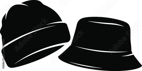 Blackandwhitesilhouetteillustrationofaclassicknittedbeaniehatandastreetstylebucketcapforsportfashion.