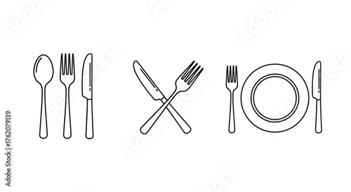 Vector icon set of spoon, knife, and fork. Isolated on a white background. 