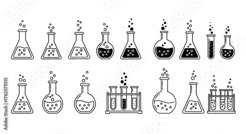 Vector icon set of chemical glass bottles, scientists. Isolated on a white background.