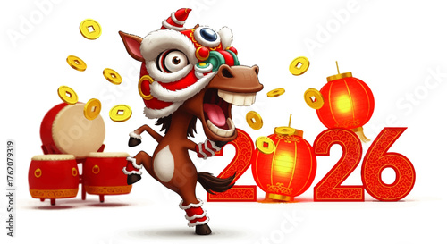 A cheerful cartoon horse in a lion dance costume celebrates the Chinese New Year 2026, the Year of the Horse, with drums and lanterns