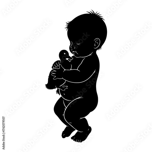 Baby holding duckling silhouette black