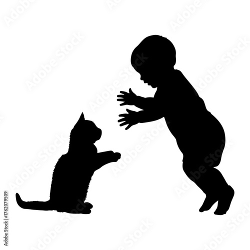 Baby reaching for playful cat silhouette interaction