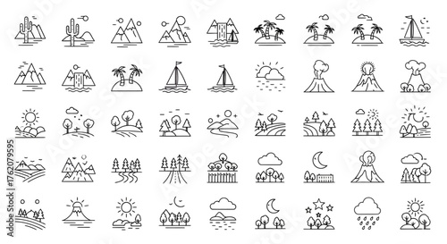 Icon set of different nature scenes. Isolated on a white background. 
