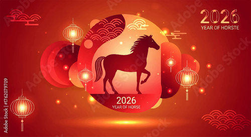Vibrant Lunar New Year 2026 illustration celebrating the Year of the Horse, featuring an elegant equine silhouette and decorative Asian elements