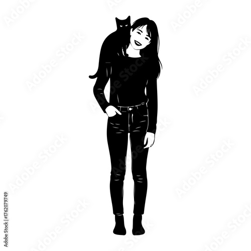 Black cat on shoulder of smiling woman shoulder cat