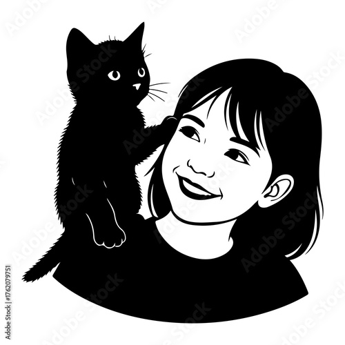 Black cat on girl shoulder kitten friendship