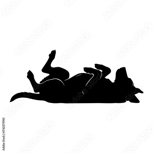 Black dog silhouette lying on its back white