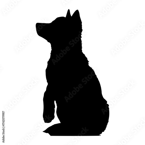Black dog silhouette sitting attentive white background