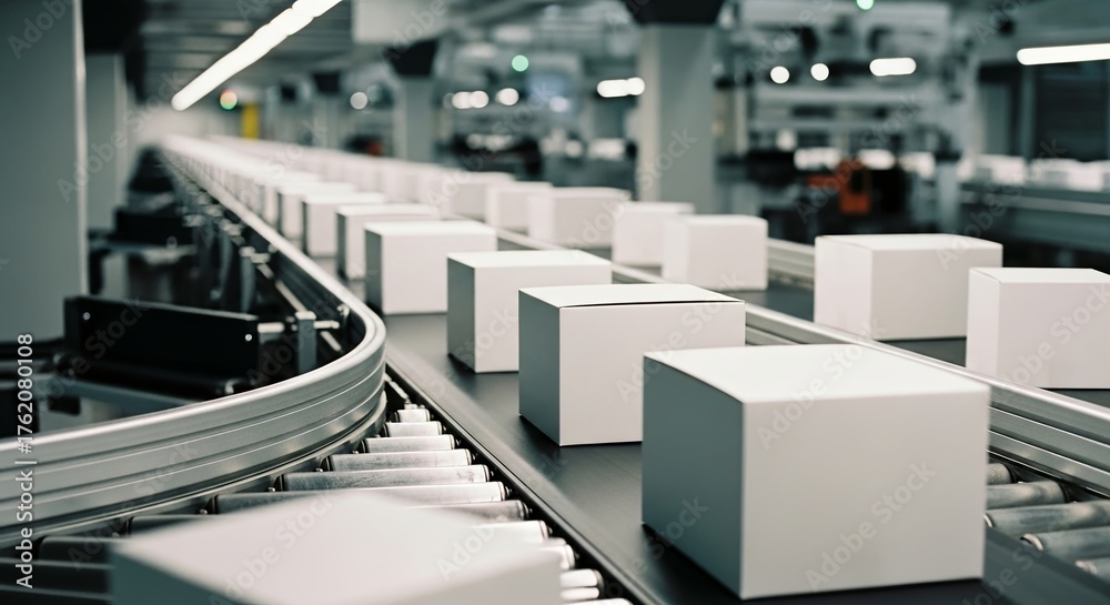 Fototapeta premium Automated line with rollers and boxes — modern manufacturing
