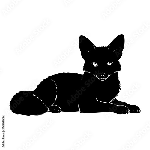 Black fox resting on white background animal silhouette